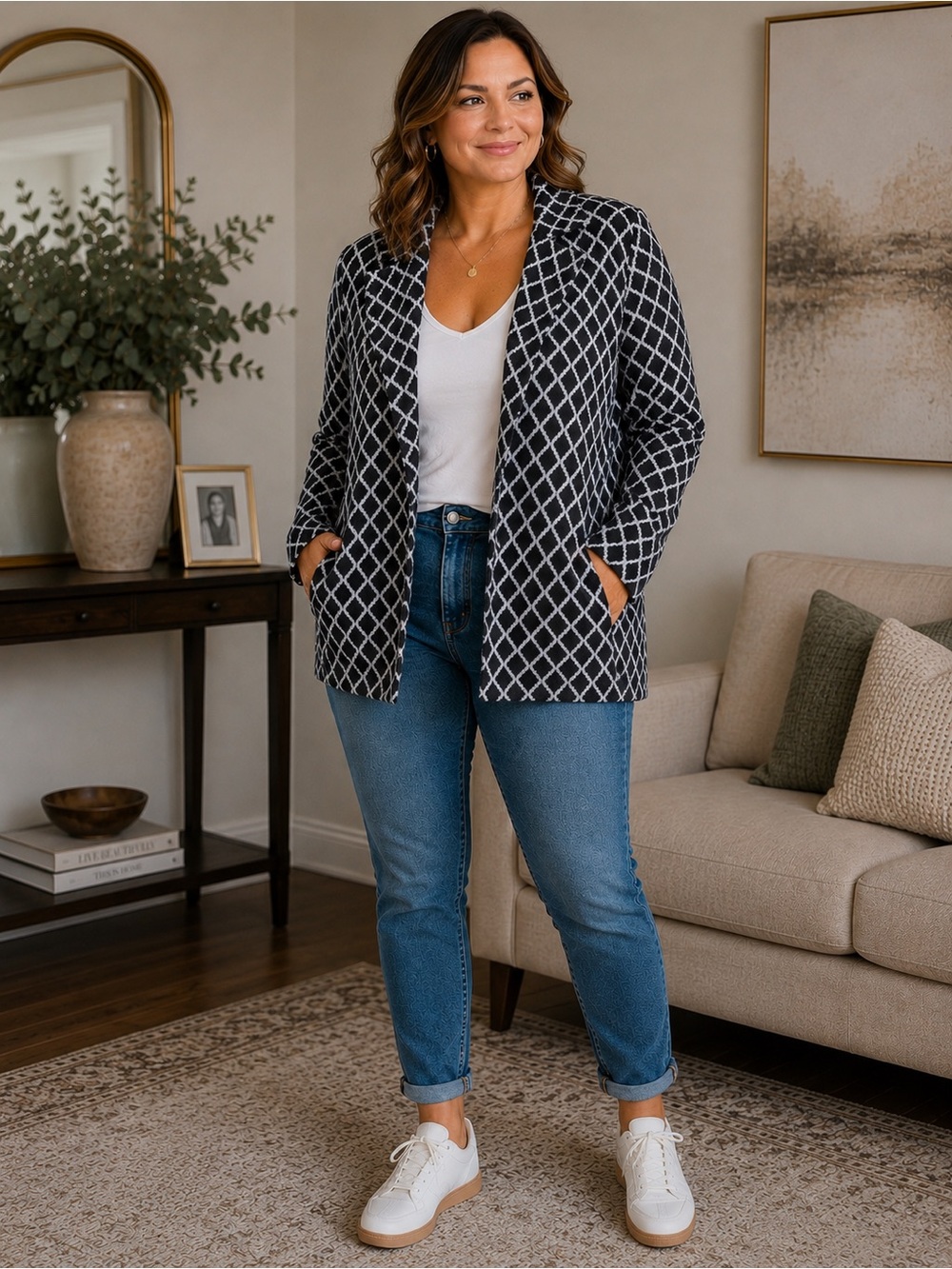 🆕🎉NWT Premise Black & GRAY Diamond-Pattern Open Blazer